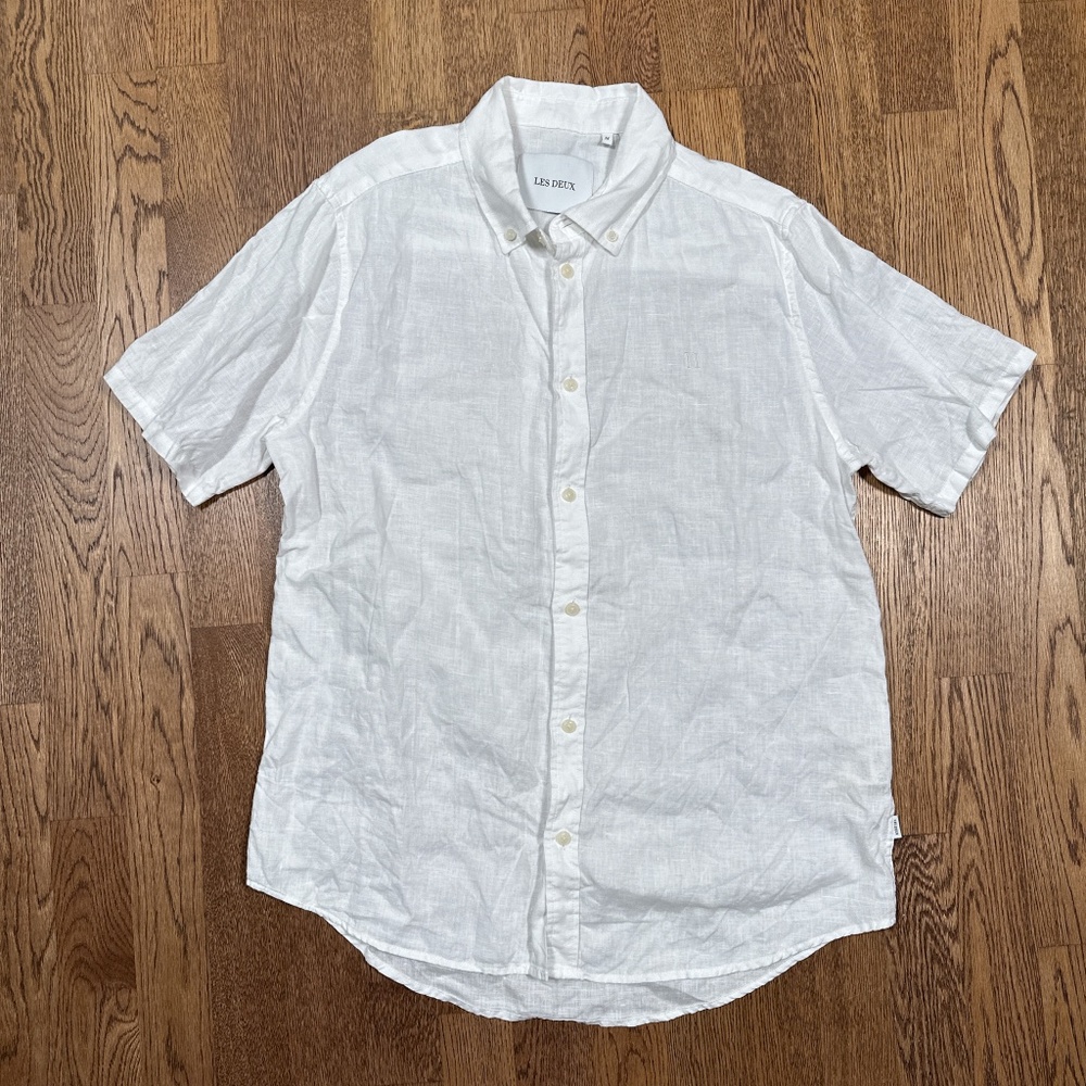Les Deux Kris Linen White Short Sleeve Button Shirt Mens Medium